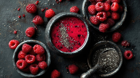 Discover a delightful arrangement featuring fresh raspberries, luscious raspberry pudding, and chia seeds in dark bowls. Perfect for healthy desserts and snacks.の素材