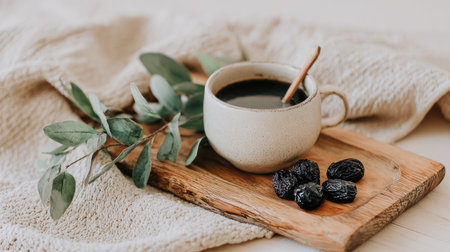 Enjoy a cozy scene featuring a cup of coffee placed on a wooden board, accompanied by dried fruits and fresh herbs, creating a warm and inviting atmosphere.の素材