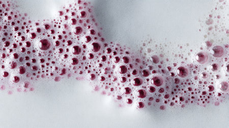 Close-up view of rich red wine foam with numerous bubbles on a white surface, creating an elegant abstract pattern perfect for creative designs and artistic projects.の素材