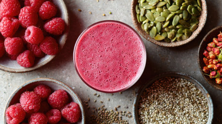 This vibrant image features a fresh raspberry smoothie surrounded by an array of healthy ingredients, showcasing a balance of nutrition and flavor that delights the senses.の素材