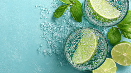 A vibrant and refreshing sparkling drink featuring lime slices and mint leaves, set against an aquamarine background with ice, perfect for summer enjoyment.の素材