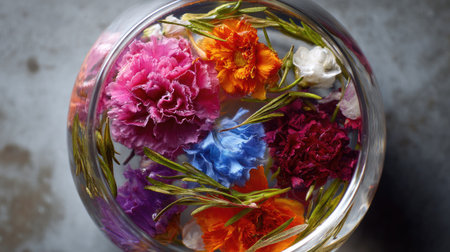 A beautiful display of floating colorful flowers in a clear glass bowl, capturing the essence of nature's beauty. The vibrant colors create a calm and tranquil ambiance.の素材