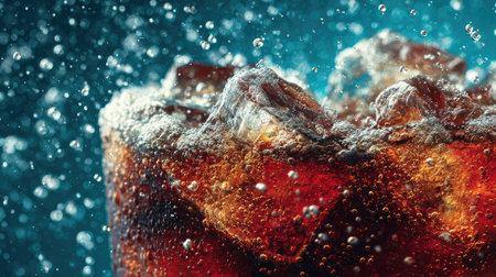 This striking close-up captures a refreshing soft drink with ice, showcasing bubbles and dynamic splashes against a blue background, evoking thirst-quenching delight.の素材