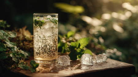 This image captures a refreshing sparkling beverage garnished with mint, surrounded by a lush green environment. Ideal for showcasing summer enjoyment and healthy hydration.の素材