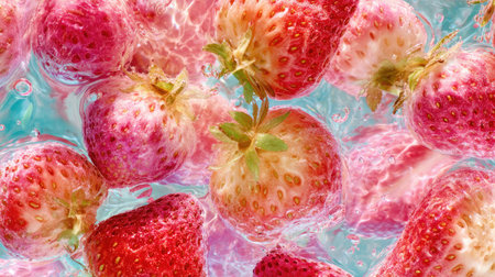 Experience the vibrant beauty of fresh strawberries swimming in clear water. A delightful scene showcasing the texture and color of ripe fruit, perfect for healthy lifestyle representations.の素材