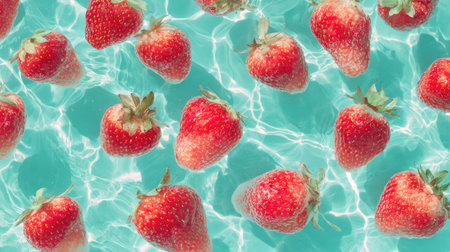 A vibrant collection of fresh strawberries floating in clear aqua water, creating a refreshing and colorful scene ideal for summer-themed food visuals and wellness concepts.の素材