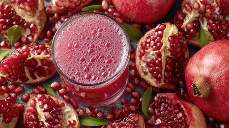 A vibrant glass of fresh pomegranate juice is set amid halved pomegranates and bright seeds, capturing the essence of health and nutrition in a colorful display.の素材