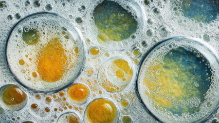 This striking close-up image showcases colorful bubbles and foam in a liquid medium, featuring vibrant textures and patterns ideal for creative projects and abstract art.の素材