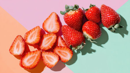 This captivating image showcases freshly sliced strawberries alongside whole strawberries on a colorful background, perfect for healthy food inspiration or decoration.の素材