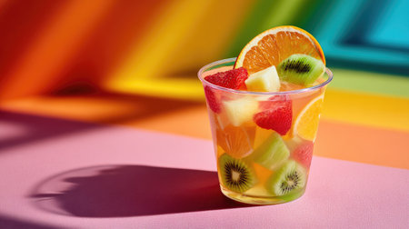A vibrant fruit salad presented in a clear cup, showcasing a variety of fresh fruits against a stunning rainbow background, perfect for summer occasions and healthy snacks.の素材