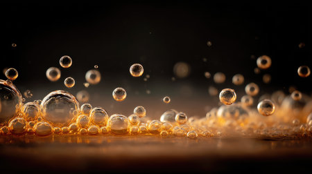 A mesmerizing closeup of bubbles floating gracefully above a soft surface in warm tones, creating a captivating atmosphere perfect for various creative designs.の素材