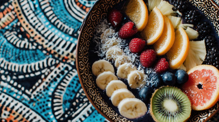 A vibrant fruit bowl featuring an array of fresh berries, banana, and citrus slices on a colorful patterned background, promoting healthy eating and wellness.の素材