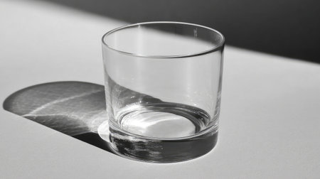This minimalist image features an empty glass on a white surface, highlighting its elegant design and casting a soft shadow that evokes tranquility and aesthetic beauty.の素材