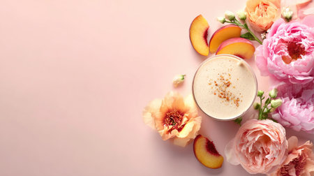 A refreshing peach smoothie surrounded by beautiful pink flowers on a soft pink background. Perfect for promoting health, wellness, and a vibrant lifestyle.の素材
