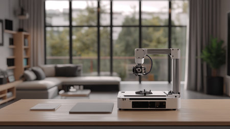 A sleek 3D printer is showcased on a desk in a stylish living room with large windows that allow natural light. The modern design merges technology with comfort.の素材