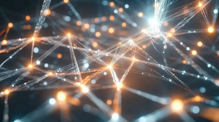 Explore the intricate web of digital connections in this abstract image. Glowing nodes across lines represent modern technology and data transfer, enhancing visuals.の素材