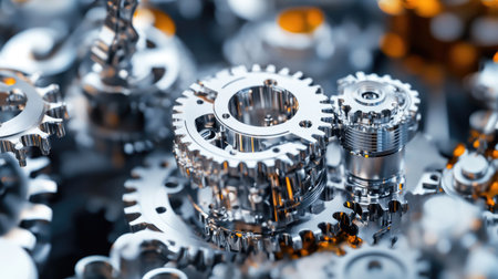 Close-up view of intricate metallic gears and cogs arranged in a complex pattern, showcasing the beauty of mechanical components in engineering and technology.の素材