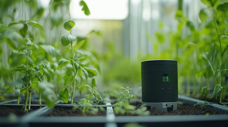 A smart sensor is positioned among thriving plants in an indoor garden. The device monitors soil conditions and growth metrics, contributing to sustainable agriculture practices.の素材