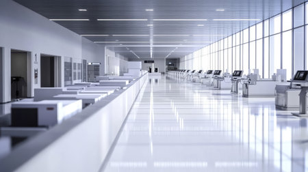 A captivating view of a modern airport departure hall, showcasing an empty, sleek space designed for efficiency and comfort, filled with natural light and advanced technology.の素材
