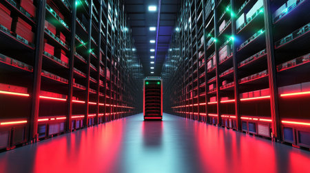 Explore a vibrant data center showcasing rows of storage racks illuminated by colorful LED lights, reflecting modern technology and innovations in computing infrastructure.の素材