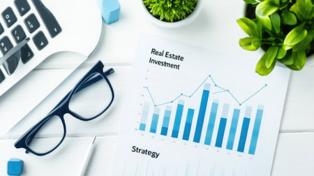 Explore a modern workspace featuring a real estate investment strategy graph, glasses, a keyboard, and a green plant. Ideal for finance and business themes.の素材
