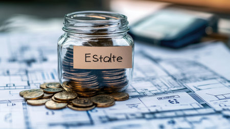 A glass jar filled with coins labeled 'Estate' sits on blueprints, symbolizing the intricate relationship between financial planning and property investment.の素材
