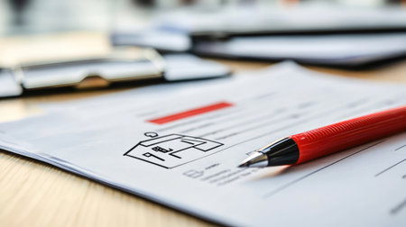 Detailed image of an architectural blueprint on a wooden table with a red pen, showcasing the design process, creativity, and professional workspace elements.の素材
