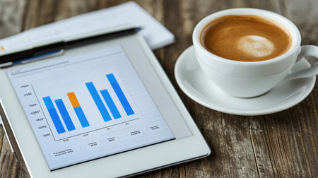 A serene morning scene showcasing a cup of coffee next to a tablet displaying colorful graphs, emphasizing productivity, work routine, and data analysis in a cozy office setting.の素材