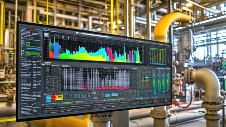 A digital monitor in an industrial setting shows vibrant graphs and analytical charts for real-time data monitoring and process management in a modern facility.の素材