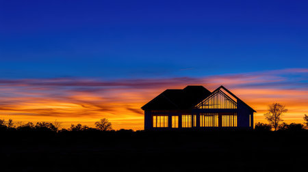 A striking silhouette of a house under construction against a colorful sunset, showcasing a blend of vibrant hues in the sky, creating a peaceful outdoors scene.の素材