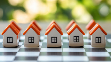 This image features colorful miniature houses arranged on a checkerboard background, symbolizing the complexities of real estate choices amidst modern lifestyle trends.の素材