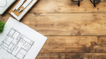 A detailed architectural blueprint placed on a smooth wooden desk alongside drafting tools and glasses, creating an inspiring workspace for design and construction projects.の素材