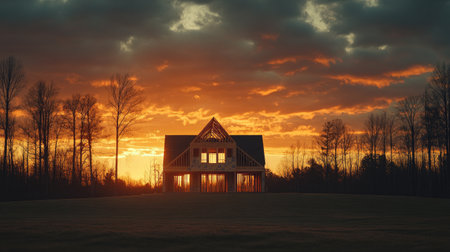 A beautiful rustic house stands against a backdrop of a stunning sunset, surrounded by trees and showcasing a colorful sky, creating a perfect serene landscape.の素材