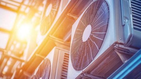 A detailed close-up view of air conditioning units installed on a building, showcasing modern technology in cooling systems and their role in urban climates.の素材