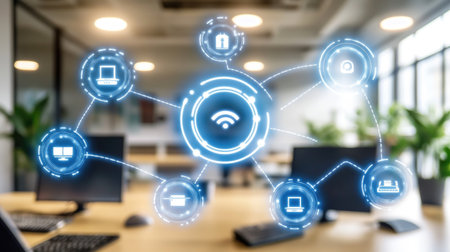 A contemporary office scene featuring digital connectivity icons, symbolizing wireless technology and integration. Ideal for illustrating modern workspaces and digital solutions.の素材