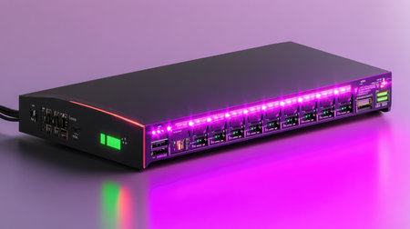 A sleek and modern multi-port USB hub featuring vibrant LED lights, designed for efficient charging and seamless connectivity for various devices in any setup.の素材