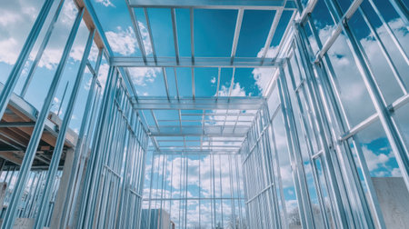 A stunning view of a modern building framework under construction, showcasing steel beams against a vibrant blue sky dotted with clouds, highlighting architectural progress.の素材