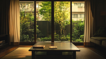 A stunning living room showcase featuring a beautiful view of a serene Japanese garden, blending modern design with nature, perfect for relaxation and comfort in urban living.の素材