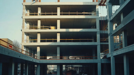 A detailed view of a modern construction site, featuring an unfinished concrete building with scaffolding, cranes, and workers active in an urban setting.の素材