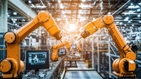 Experience the future of manufacturing with robotic arms enhancing productivity in a modern industrial facility, showcasing advanced technology and innovation.の素材