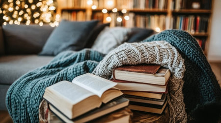 A serene living room setting perfect for reading. Stacked books rest on a table, accompanied by a soft blanket, while gentle holiday lights create a cozy ambiance.の素材