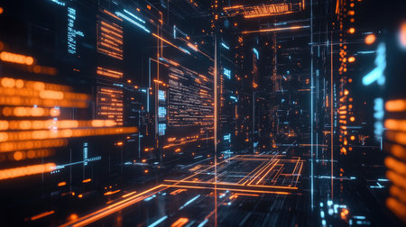 Explore a vibrant futuristic digital environment filled with glowing data structures and neon lines. This high-tech visual representation embodies innovation and creativity.の素材