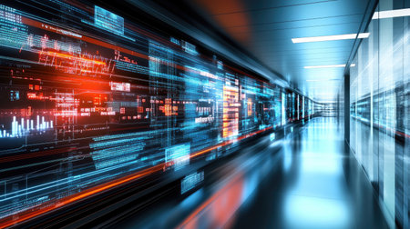 This image captures a dynamic and vibrant digital corridor, featuring glowing light trails and immersive holographic displays, evoking a sense of high-tech innovation.の素材
