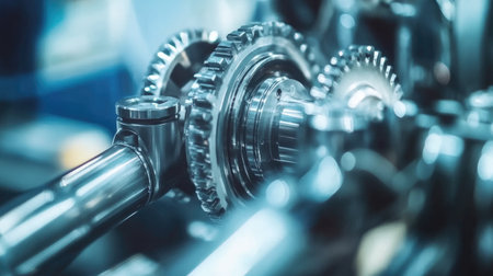 This image showcases a close-up view of shiny metal gears and mechanical components, emphasizing precision and technology in an industrial environment.の素材