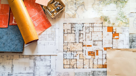 A collection of various architectural blueprints and plans spread across a table, showcasing intricate details, design elements, and drafting tools for creative projects.の素材