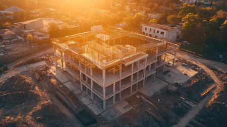 Stunning aerial view of a construction site at sunset, showcasing a partially built commercial structure with wooden frameworks and surrounding equipment.の素材