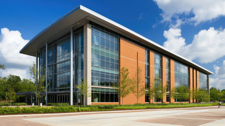 A striking modern commercial building featuring expansive glass windows and a brick facade, perfectly integrated with lush landscaping against a clear blue sky.の素材