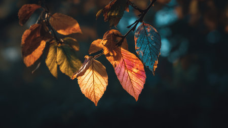 Explore the stunning beauty of autumn with this captivating image showcasing colorful leaves on a branch, illuminated by soft natural light, creating a serene atmosphere.の素材