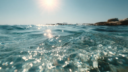 A stunning view of clear ocean water with shimmering sunlight creating sparkles on gentle waves. Perfect for showcasing summer beach vibes and tranquil nature scenes.の素材