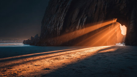 Dramatic sunlight beams filter through a rugged coastal rock formation, casting stunning shadows on the beach while illuminating the gentle waves of the ocean at dusk.の素材